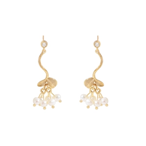 Boucles d'oreilles branche en argent S925 avec perles et zircon de couleur dorée