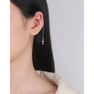 Elegant s925 silver gold plated non-piercing cross chain ear cuff with sparkling zircon