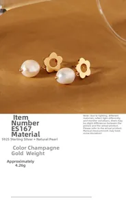 Detail of S925 silver flower stud with natural freshwater pearl in champagne gold