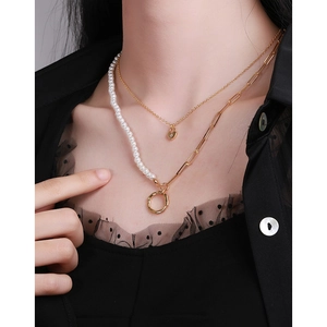 S925 sterling silver layered necklace with heart pendant, pearls and irregular gold circle
