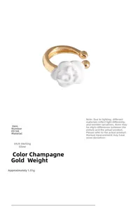 S925 sterling silver ear cuff featuring a white enamel camellia flower in champagne gold