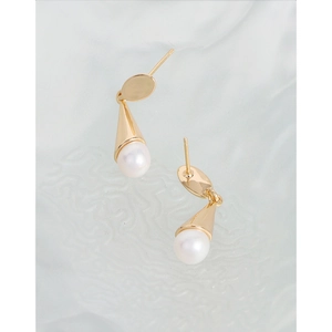 Elegant gold S925 silver pearl drop earrings featuring cone-shaped metal bases