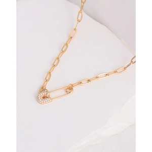 Elegant gold-plated S925 sterling silver paperclip chain necklace with zircon safety pin