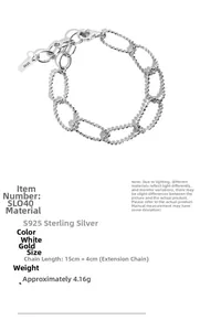 Macro detail of S925 sterling silver chain bracelet with lobster clasp and hallmark tag