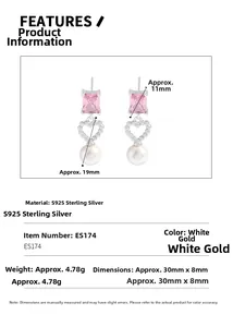 Detailed S925 sterling silver drop earring dimensions with pink stone and shell pearl