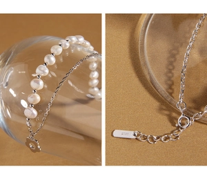 Close-up of S925 sterling silver hallmark on asymmetric double-layer pearl necklace