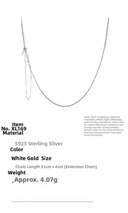 Macro shot of S925 sterling silver necklace with detailed chain and size dimensions