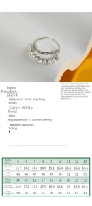 Size chart for S925 sterling silver pearl chain ring with detailed diameter and circumference
