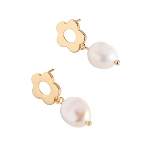 Elegant gold flower earrings with white baroque pearl pendants on white background