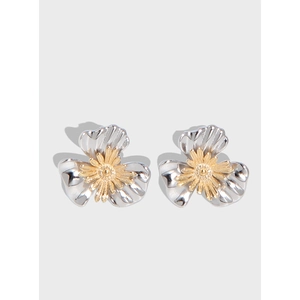 S925 Sterling Silver Flower Stud Earrings Bi-Color Gold Stamen Niche Design Minimalist Jewelry For Women Elegant Floral Earrings