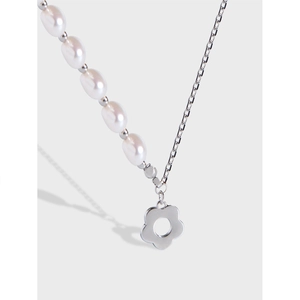 925 Sterling Silver Asymmetrical Artificial Pearl Necklace With Hollow Flower Pendant For Women Elegant Korean Fashion Jewelry