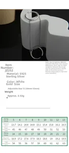S925 sterling silver ring size chart with inner diameter and finger circumference data