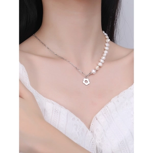 Elegant S925 sterling silver asymmetrical necklace with pearl chain and flower charm