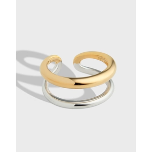 Bague Ouverte à Double Couche en Argent Sterling 925 Bicolore Minimaliste Géométrique Réglable Bijoux de Mode pour Femme