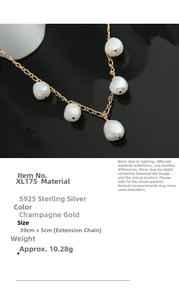 Detail of S925 silver necklace with five natural pearls and adjustable length measurements