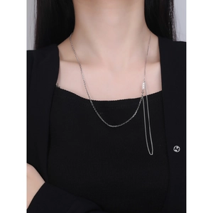 Minimalist S925 sterling silver chain necklace with pearls and long tassel drop pendant