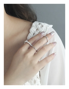 Detail of S925 silver ring set with pearls and chain pendant on model hand