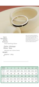 Size chart for S925 sterling silver ring showing inside diameter and circumference measurements