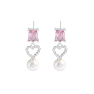 Pink rectangular zircon heart-shaped silver earrings with elegant white pearls