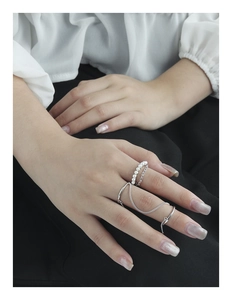 Detail of S925 sterling silver multi-layer chain ring with elegant white pearls on hand