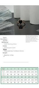 Size guide for S925 sterling silver black heart ring with inner diameter measurements