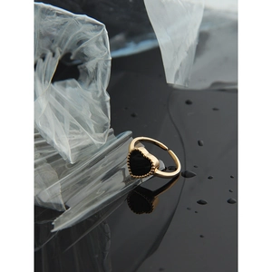 Modern gold-plated S925 sterling silver heart ring with black enamel and bead edges