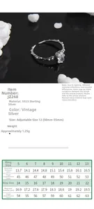 Detailed size chart for S925 sterling silver retro gemstone ring with measurements