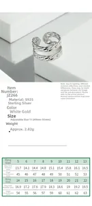 Detailed size chart for S925 sterling silver chain ring with inner diameter specs
