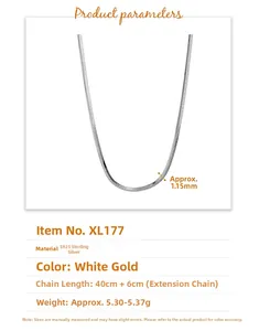 Detail of S925 sterling silver square snake chain with 1.15mm width and 40+6cm length