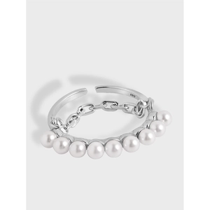 925 Sterling Silver Artificial Pearl Chain Adjustable Open Ring Minimalist Elegant Jewelry For Women