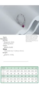 Size guide table for S925 sterling silver heart ring with diameter and circumference specs