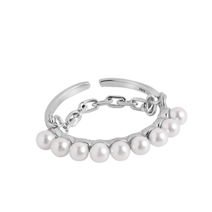Minimalist S925 sterling silver open ring with elegant white pearls and chain tassel