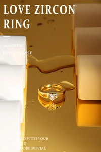 Detailed close-up of S925 sterling silver heart zircon ring on gold reflective surface