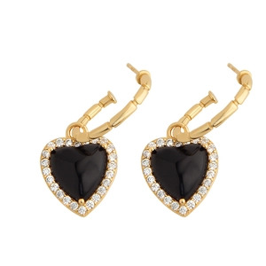 Luxurious S925 silver heart earrings with black agate and sparkling pavé crystals