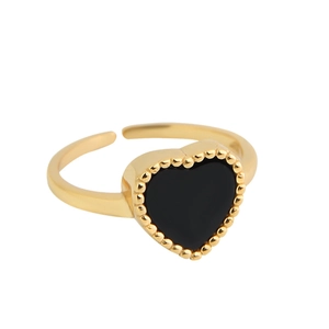 Minimalist S925 sterling silver adjustable ring with black heart and milgrain gold edges