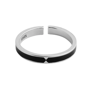 Minimalist S925 sterling silver open ring with black enamel hourglass pattern on white background