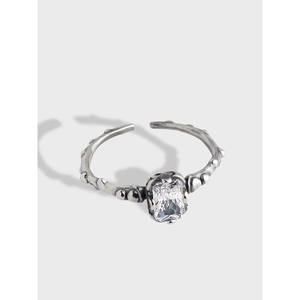 S925 Sterling Silver Vintage Adjustable Open Ring For Women Rectangular Clear Rhinestone Inlaid Retro Oxidized Finger Ring Jewelry