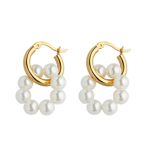 Boucles d'oreilles anneaux en argent S925 doré avec pendentifs couronne de perles