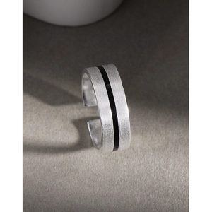 Minimalist S925 sterling silver open ring featuring brushed metal and black enamel band