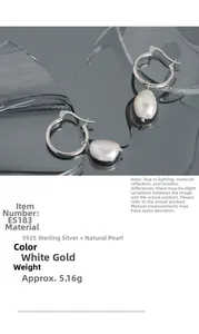 Detail of S925 sterling silver hoop earrings with natural baroque pearl weighing 5.16g