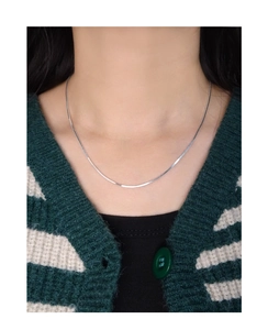 Close-up of minimalist silver snake bone chain necklace worn by model on collarbone