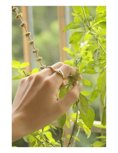 Close-up of a model wearing a gold heart zircon ring set against lush green plants