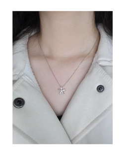 Gros plan du collier avec pendentif fleur en argent sur un mannequin en veste beige
