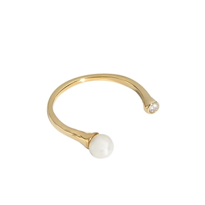 Elegant gold S925 silver open ring featuring a white pearl and sparkling zircon accent