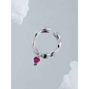 Minimalist S925 sterling silver open ring with wavy texture and rose red heart zircon charm