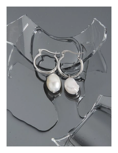 Detailed shot of S925 silver hoop earrings featuring irregular baroque pearl drops