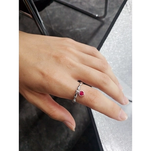 Minimalist S925 sterling silver twist ring with a dangling red heart zircon gemstone