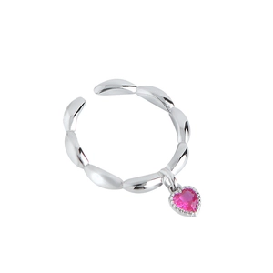 Minimalist S925 silver ring with beaded band and pink heart zircon pendant for women