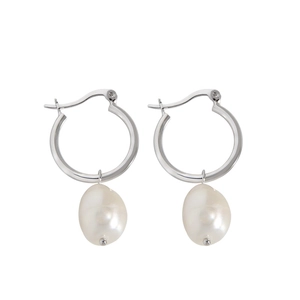 S925 sterling silver hoop earrings featuring unique natural baroque pearls on white background