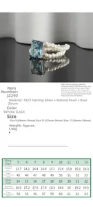Detailed size chart for blue zircon and pearl S925 sterling silver ring measurements